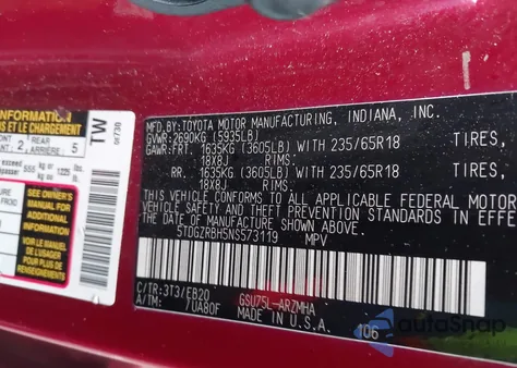 2022 Toyota Highlander Xle z USA, uszkodzony, nr VIN 5TDGZRBH5NS573119